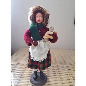 Vintage Christmas Caroler 9" Girl Holding Teddy Bear and Apple